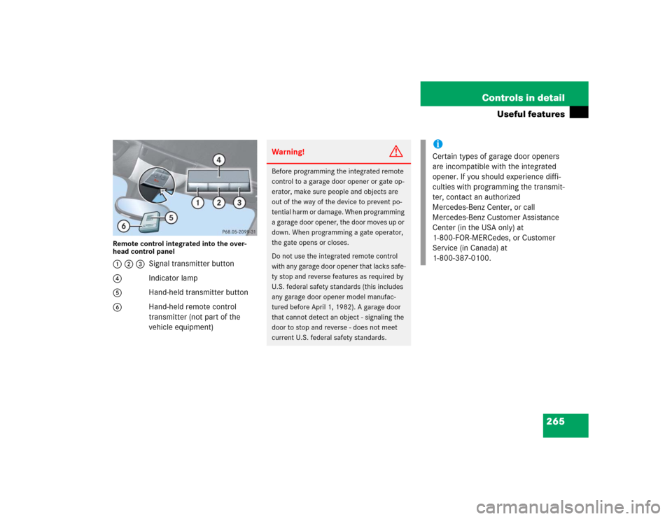 MERCEDES-BENZ SLK350 2005 R171 Owners Manual 265 Controls in detail
Useful features
Remote control integrated into the over-
head control panel1 2 3Signal transmitter button
4Indicator lamp
5Hand-held transmitter button
6Hand-held remote control