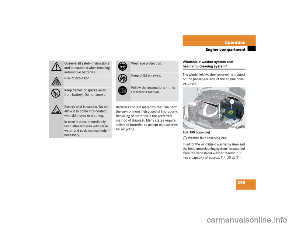 MERCEDES-BENZ SLK55AMG 2005 R171 Owners Manual 295 Operation
Engine compartment
Batteries contain materials that can harm 
the environment if disposed of improperly. 
Recycling of batteries is the preferred 
method of disposal. Many states require