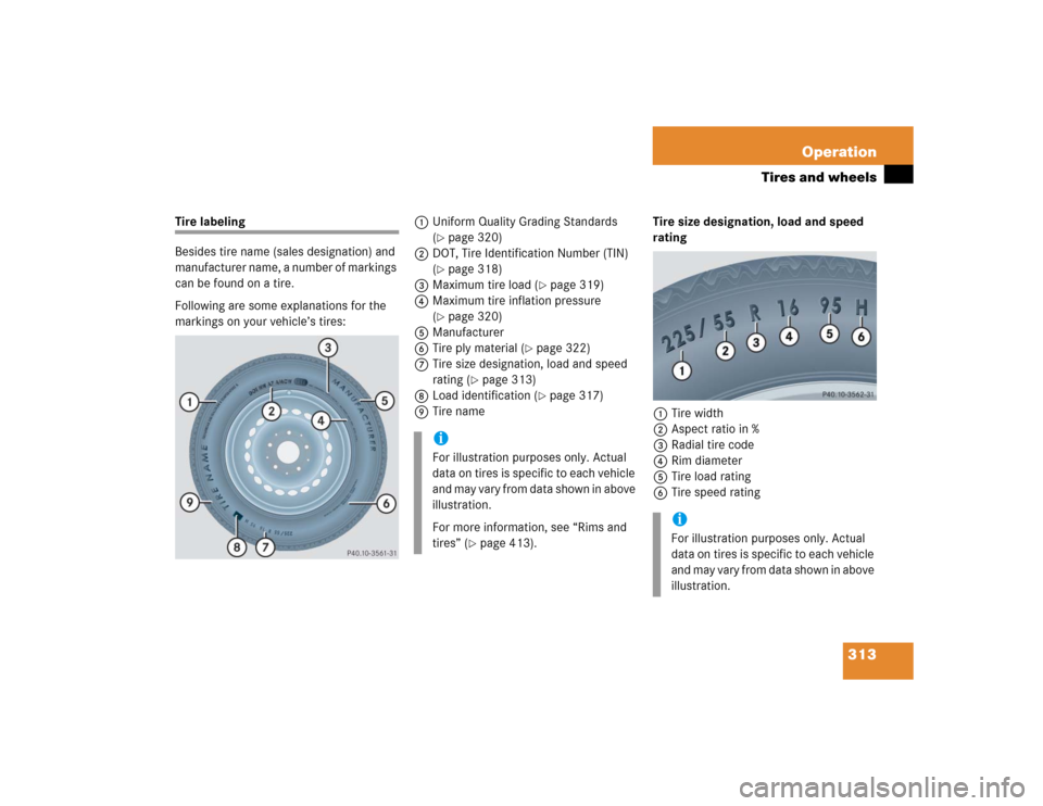 MERCEDES-BENZ SLK350 2005 R171 Owners Manual 313 Operation
Tires and wheels
Tire labeling
Besides tire name (sales designation) and 
manufacturer name, a number of markings 
can be found on a tire.
Following are some explanations for the 
markin