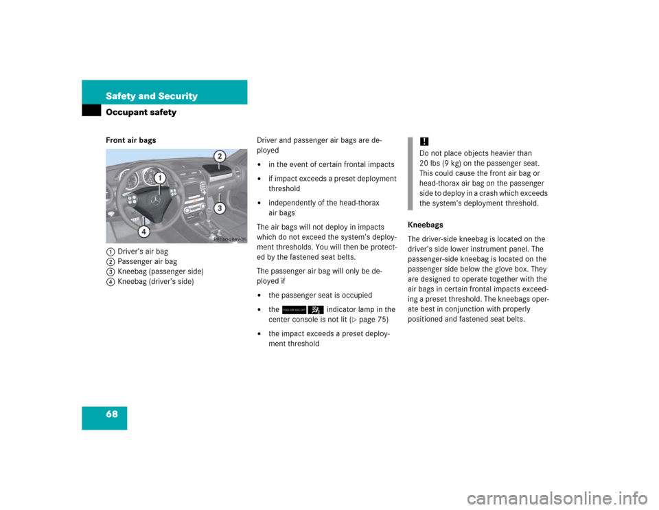 MERCEDES-BENZ SLK350 2005 R171 Repair Manual 68 Safety and SecurityOccupant safetyFront air bags
1Driver’s air bag
2Passenger air bag
3Kneebag (passenger side)
4Kneebag (driver’s side)Driver and passenger air bags are de-
ployed

in the eve