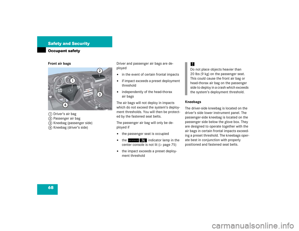 MERCEDES-BENZ SLK350 2005 R171 Owners Manual 68 Safety and SecurityOccupant safetyFront air bags
1Driver’s air bag
2Passenger air bag
3Kneebag (passenger side)
4Kneebag (driver’s side)Driver and passenger air bags are de-
ployed

in the eve