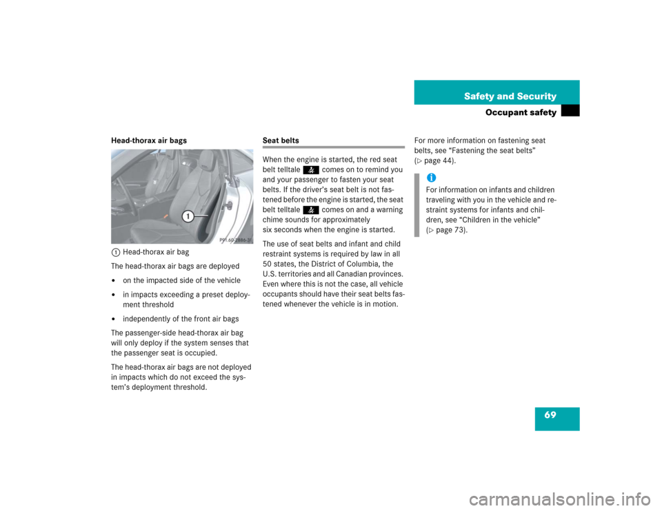 MERCEDES-BENZ SLK55AMG 2005 R171 Owners Manual 69 Safety and Security
Occupant safety
Head-thorax air bags
1Head-thorax air bag
The head-thorax air bags are deployed
on the impacted side of the vehicle

in impacts exceeding a preset deploy-
ment