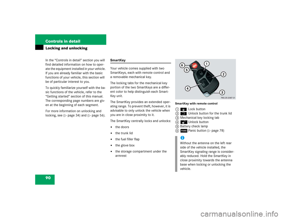 MERCEDES-BENZ SLK350 2005 R171 Owners Manual 90 Controls in detailIn the “Controls in detail” section you will 
find detailed information on how to oper-
ate the equipment installed in your vehicle. 
If you are already familiar with the basi