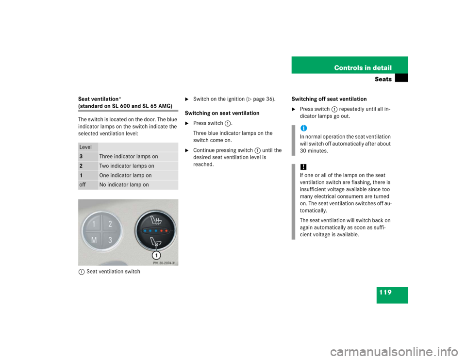 MERCEDES-BENZ SL500 2005 R230 Owners Manual 119 Controls in detailSeats
Seat ventilation* (standard on SL 600 and SL 65 AMG)
The switch is located on the door. The blue 
indicator lamps on the switch indicate the 
selected ventilation level:
1S