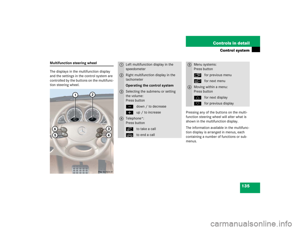 MERCEDES-BENZ SL55AMG 2005 R230 Owners Manual 135 Controls in detail
Control system
Multifunction steering wheel
The displays in the multifunction display 
and the settings in the control system are 
controlled by the buttons on the multifunc-
ti