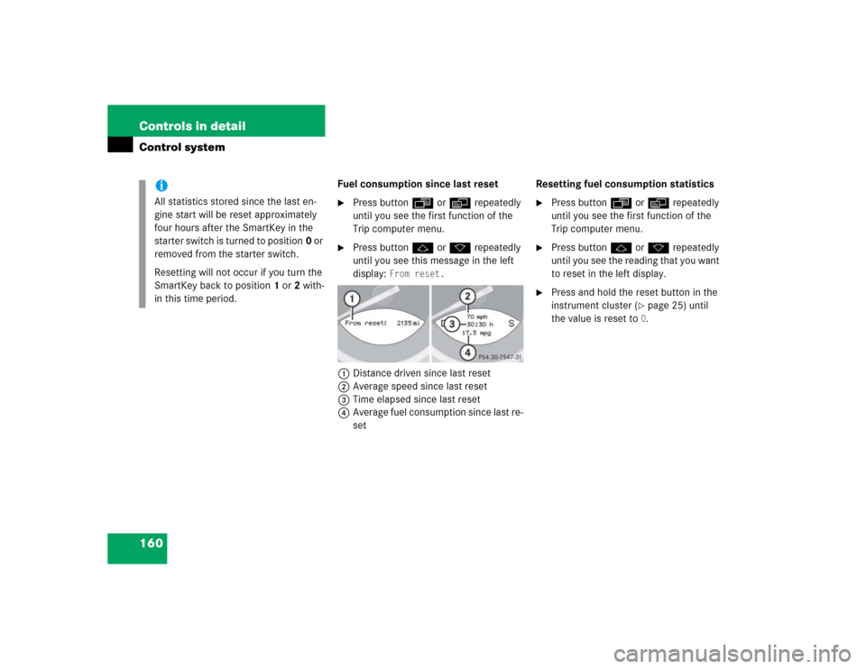 MERCEDES-BENZ SL55AMG 2005 R230 Owners Manual 160 Controls in detailControl system
Fuel consumption since last reset
Press button ÿ or è repeatedly 
until you see the first function of the 
Trip computer menu.

Press button j or k repeatedly 