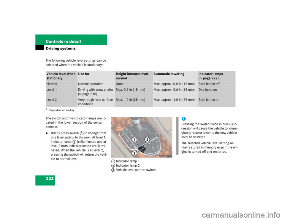 MERCEDES-BENZ SL500 2005 R230 Owners Manual 222 Controls in detailDriving systemsThe following vehicle level settings can be 
selected when the vehicle is stationary:
The switch and the indicator lamps are lo-
cated in the lower section of the 