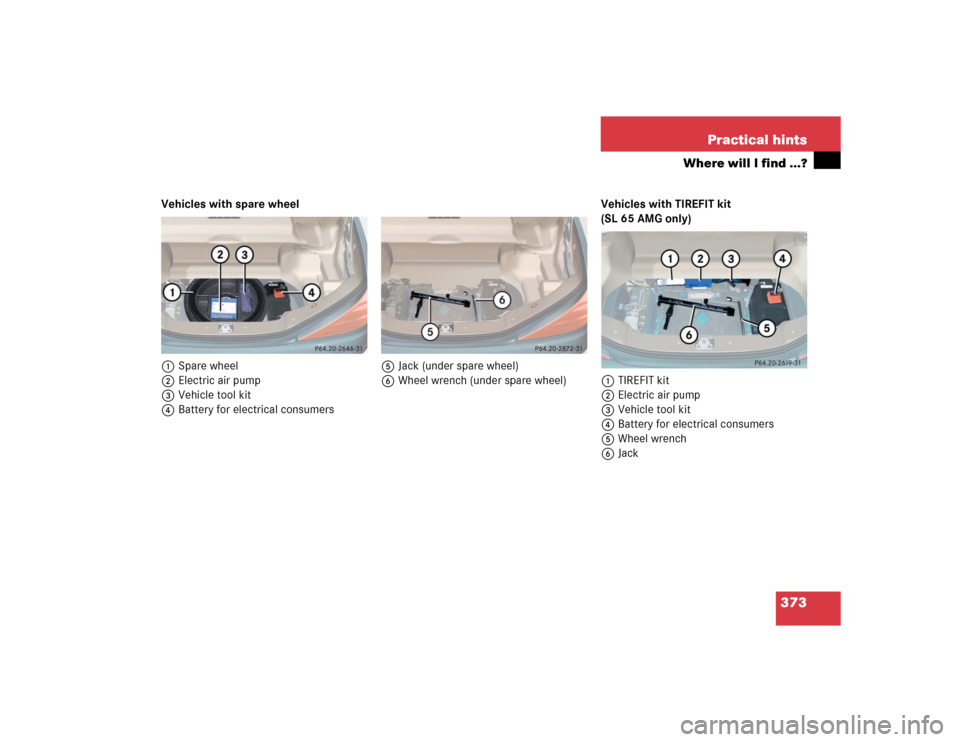 MERCEDES-BENZ SL55AMG 2005 R230 Owners Manual 373 Practical hints
Where will I find ...?
Vehicles with spare wheel
1Spare wheel
2Electric air pump
3Vehicle tool kit
4Battery for electrical consumers5Jack (under spare wheel)
6Wheel wrench (under s