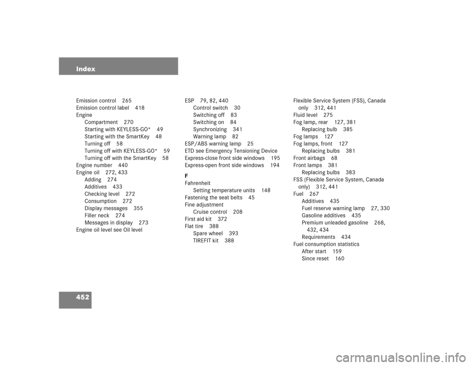 MERCEDES-BENZ SL600 2005 R230 Owners Manual 452 IndexEmission control 265
Emission control label 418
Engine
Compartment 270
Starting with KEYLESS-GO* 49
Starting with the SmartKey 48
Turning off 58
Turning off with KEYLESS-GO* 59
Turning off wi