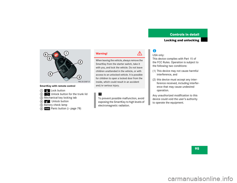 MERCEDES-BENZ SL500 2005 R230 Owners Manual 95 Controls in detail
Locking and unlocking
SmartKey with remote control1‹Lock button
2Š Unlock button for the trunk lid
3Mechanical key locking tab
4Œ Unlock button
5Battery check lamp
6Â Panic 