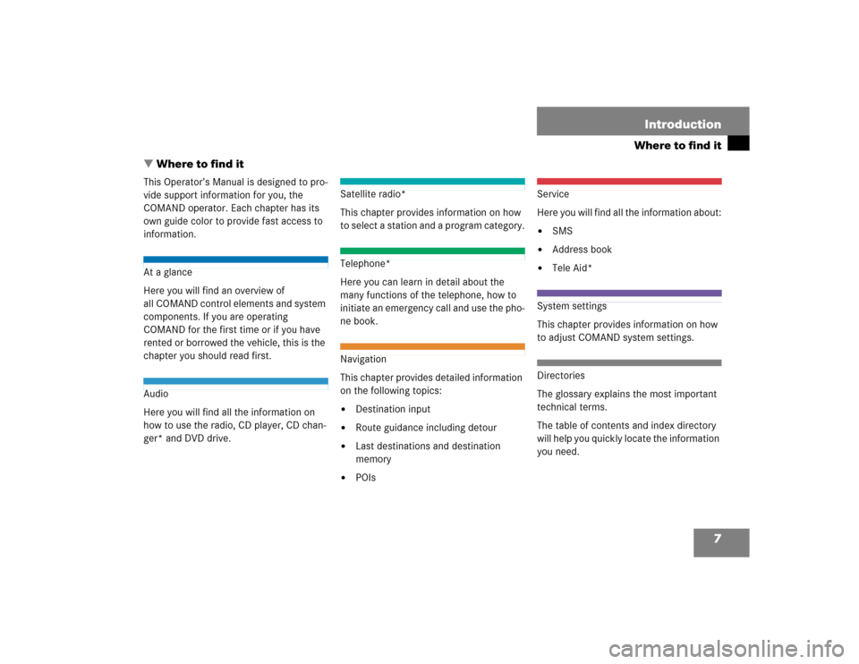 MERCEDES-BENZ S-Class 2005 W220 Comand Manual 7
Where to find itIntroduction
 Where to find itThis Operator’s Manual is designed to pro-
vide support information for you, the 
COMAND operator. Each chapter has its 
own guide color to provide f