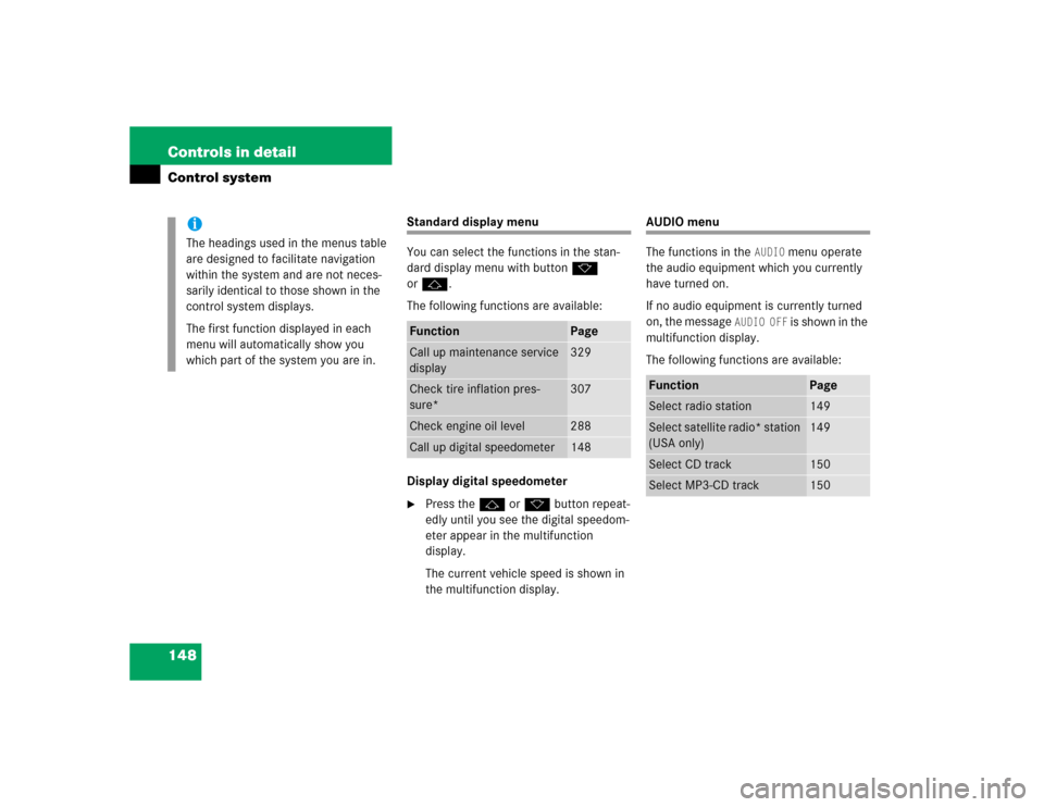 MERCEDES-BENZ S600 2005 W220 Owners Manual 148 Controls in detailControl system
Standard display menu
You can select the functions in the stan-
dard display menu with buttonk 
orj.
The following functions are available:
Display digital speedom
