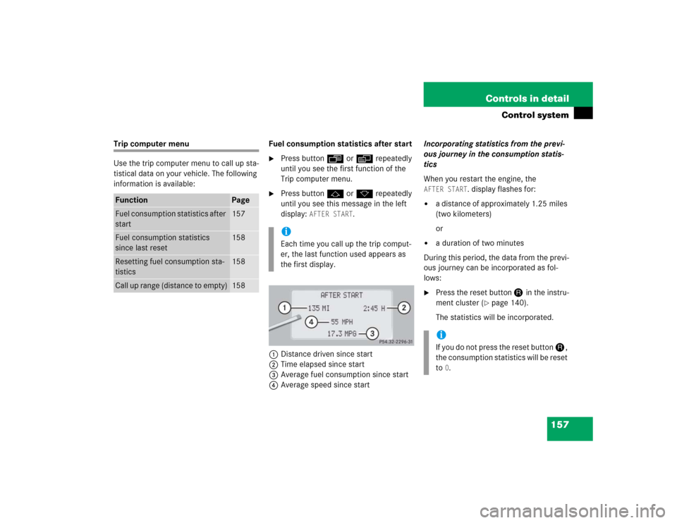 MERCEDES-BENZ S500 2005 W220 Owners Manual 157 Controls in detail
Control system
Trip computer menu
Use the trip computer menu to call up sta-
tistical data on your vehicle. The following 
information is available:Fuel consumption statistics a