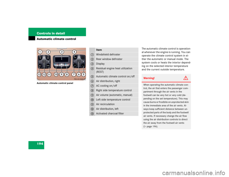 MERCEDES-BENZ S500 2005 W220 Owners Manual 194 Controls in detailAutomatic climate controlAutomatic climate control panel
The automatic climate control is operation-
al whenever the engine is running. You can 
operate the climate control syste