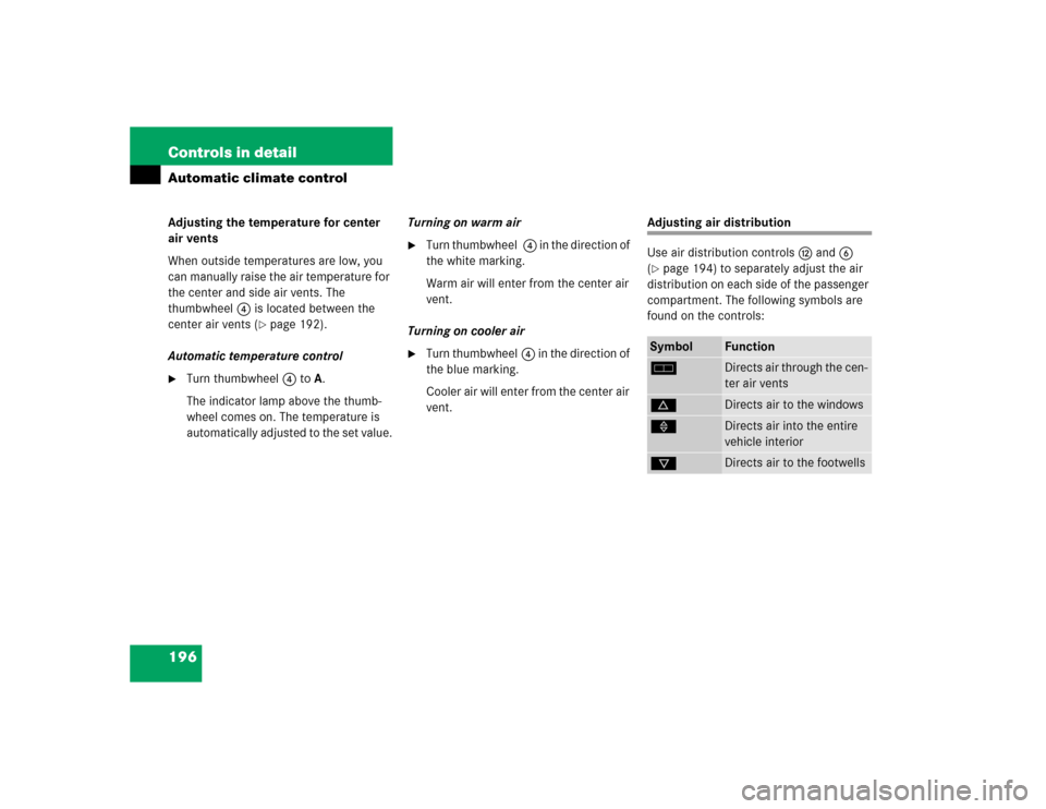 MERCEDES-BENZ S500 2005 W220 Owners Manual 196 Controls in detailAutomatic climate controlAdjusting the temperature for center 
air vents
When outside temperatures are low, you 
can manually raise the air temperature for 
the center and side a