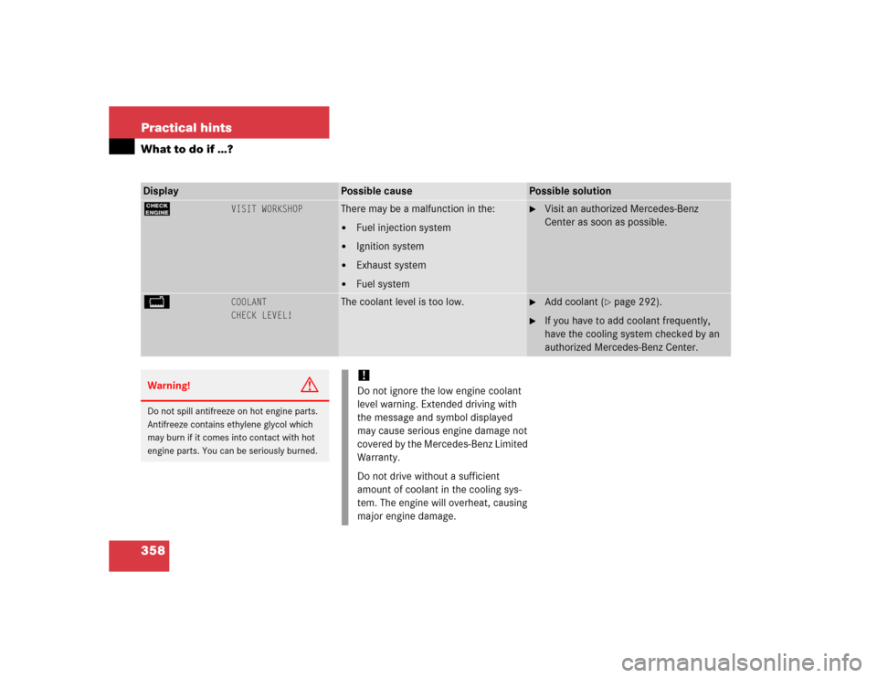 MERCEDES-BENZ S500 2005 W220 Owners Manual 358 Practical hintsWhat to do if …?Display 
Possible cause
Possible solution
?
VISIT WORKSHOP
There may be a malfunction in the:
Fuel injection system

Ignition system

Exhaust system

Fuel syst