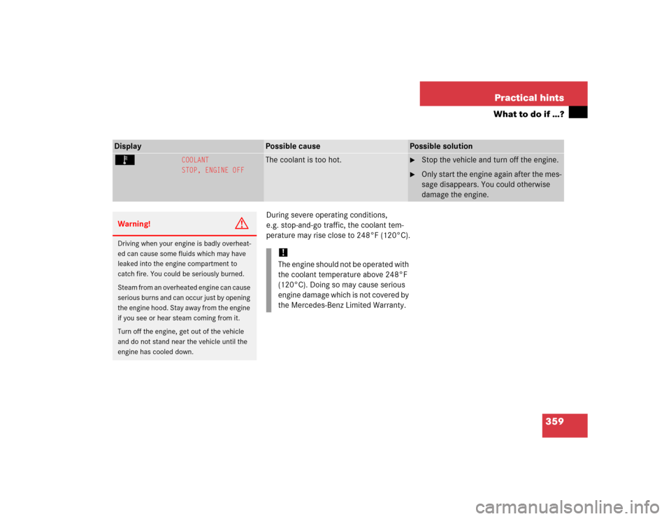 MERCEDES-BENZ S500 2005 W220 Owners Manual 359 Practical hints
What to do if …?
During severe operating conditions, 
e.g. stop-and-go traffic, the coolant tem-
perature may rise close to 248°F (120°C).
Display 
Possible cause
Possible solu