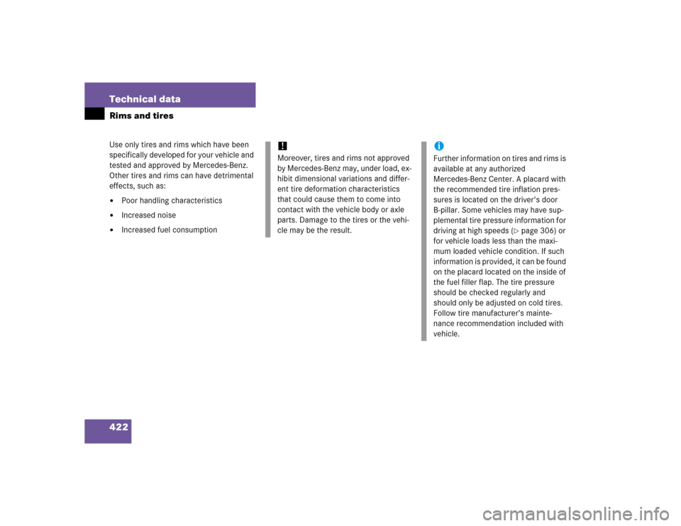 MERCEDES-BENZ S600 2005 W220 Owners Manual 422 Technical dataRims and tiresUse only tires and rims which have been 
specifically developed for your vehicle and 
tested and approved by Mercedes-Benz. 
Other tires and rims can have detrimental 
