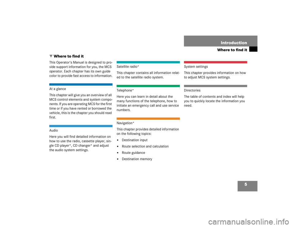 MERCEDES-BENZ M-Class 2005 W163 Comand Manual 5
Where to find itIntroduction
 Where to find itThis Operators Manual is designed to pro-
vide support information for you, the MCS 
operator. Each chapter has its own guide 
color to provide fast a