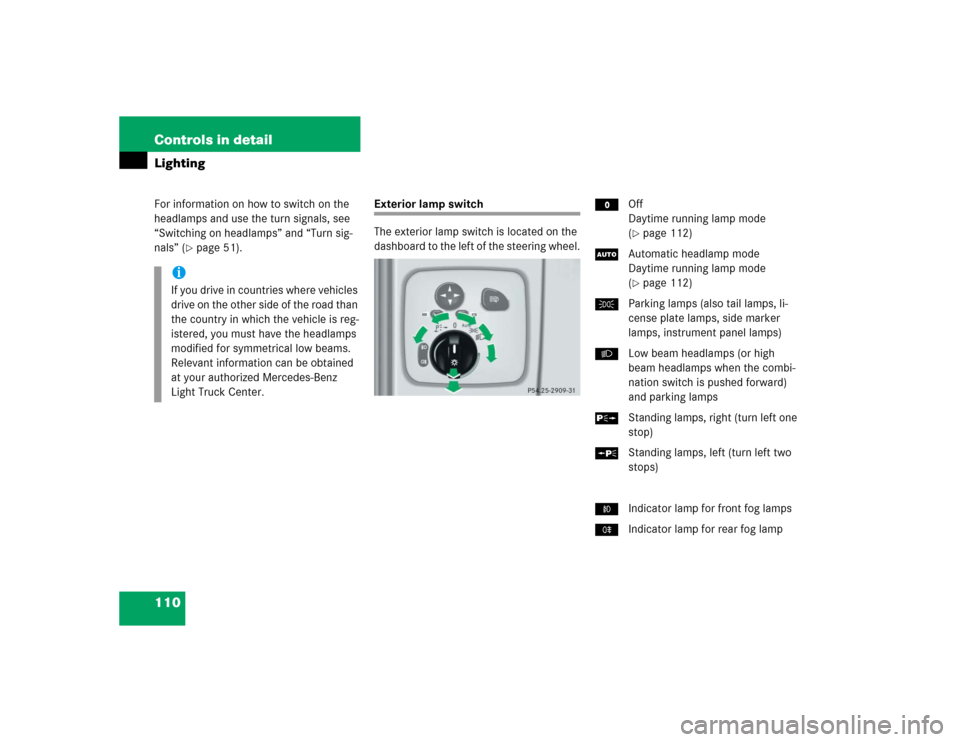 MERCEDES-BENZ G55AMG 2005 W463 Owners Manual 110 Controls in detailLightingFor information on how to switch on the 
headlamps and use the turn signals, see 
“Switching on headlamps” and “Turn sig-
nals” (
page 51).
Exterior lamp switch
