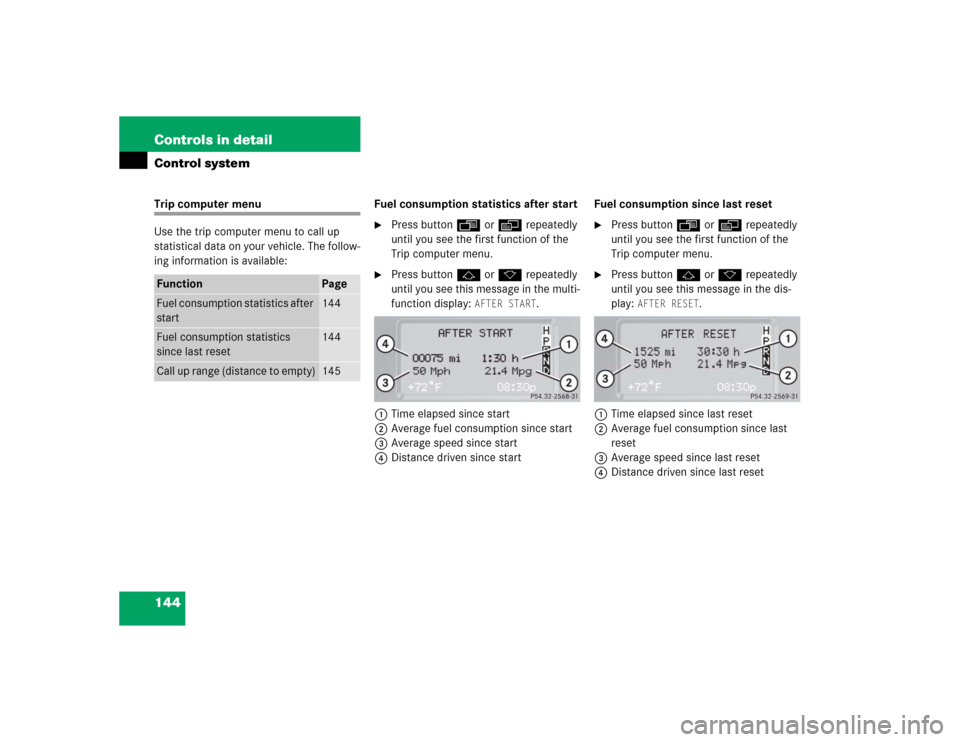 MERCEDES-BENZ G500 2005 W463 Owners Guide 144 Controls in detailControl systemTrip computer menu
Use the trip computer menu to call up 
statistical data on your vehicle. The follow-
ing information is available:Fuel consumption statistics aft
