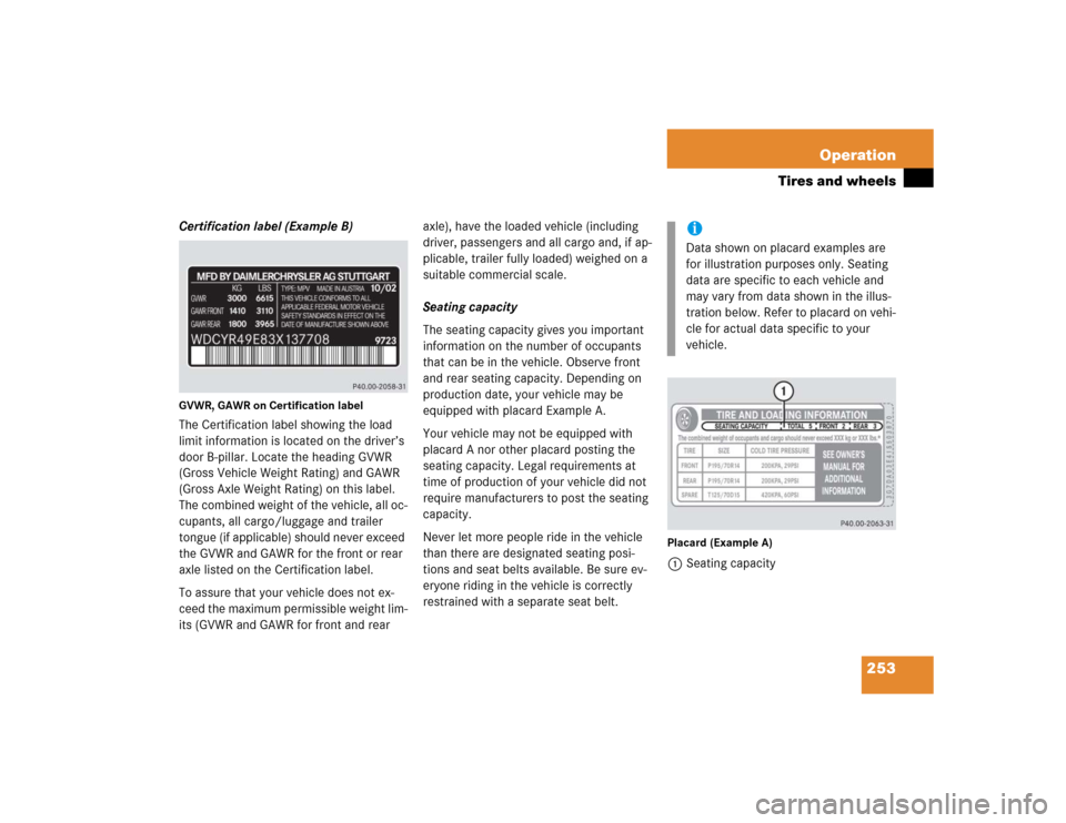 MERCEDES-BENZ G55AMG 2005 W463 Owners Manual 253 Operation
Tires and wheels
Certification label (Example B)GVWR, GAWR on Certification label The Certification label showing the load 
limit information is located on the driver’s 
door B-pillar.