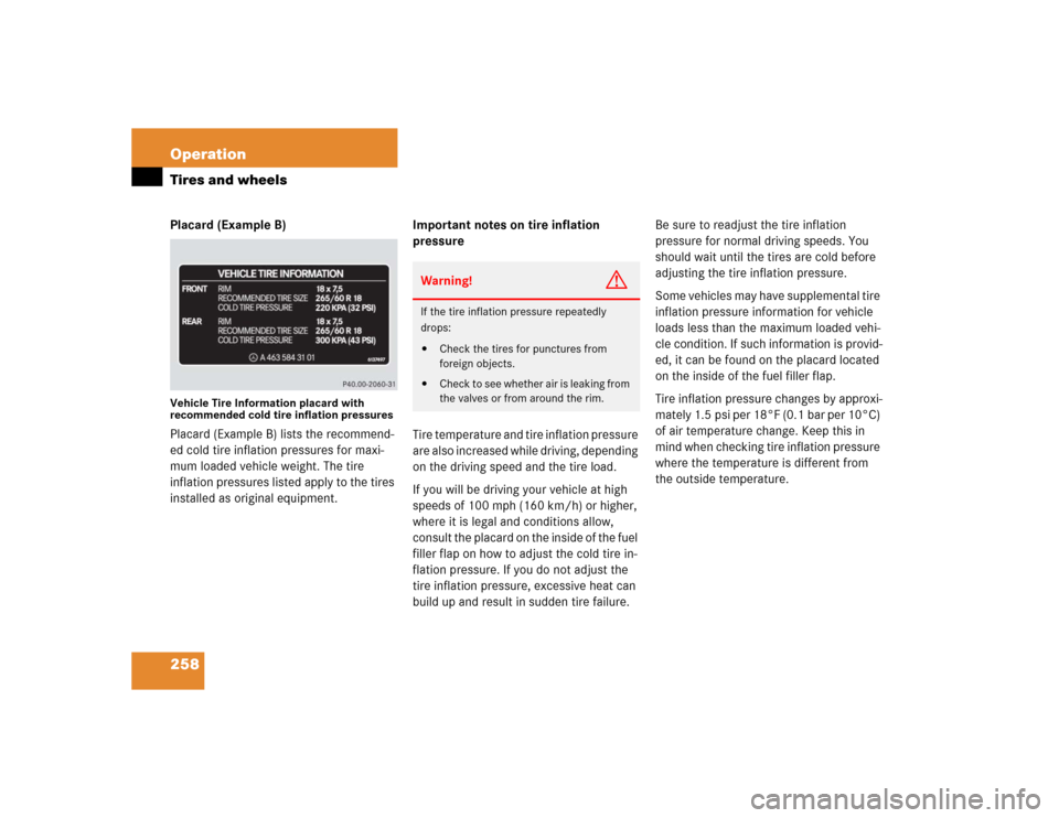 MERCEDES-BENZ G500 2005 W463 Owners Manual 258 OperationTires and wheelsPlacard (Example B)Vehicle Tire Information placard with 
recommended cold tire inflation pressuresPlacard (Example B) lists the recommend-
ed cold tire inflation pressure