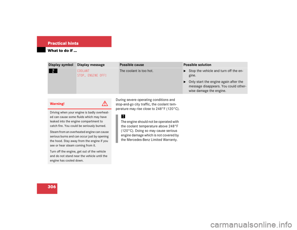 MERCEDES-BENZ G55AMG 2005 W463 Owners Manual 306 Practical hintsWhat to do if …
During severe operating conditions and 
stop-and-go city traffic, the coolant tem-
perature may rise close to 248°F (120°C).
Display symbol
Display message
Possi