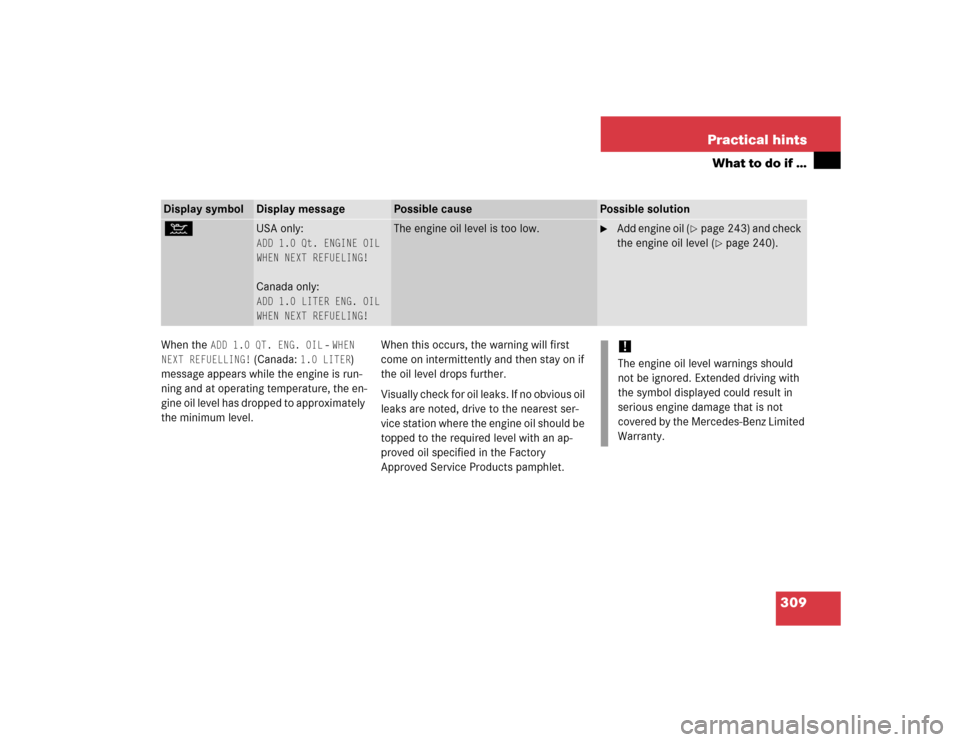 MERCEDES-BENZ G55AMG 2005 W463 Owners Manual 309 Practical hints
What to do if …
When the 
ADD 1.0 QT. ENG. OIL
 - WHEN 
NEXT REFUELLING!
 (Canada: 
1.0 LITER
) 
message appears while the engine is run-
ning and at operating temperature, the e