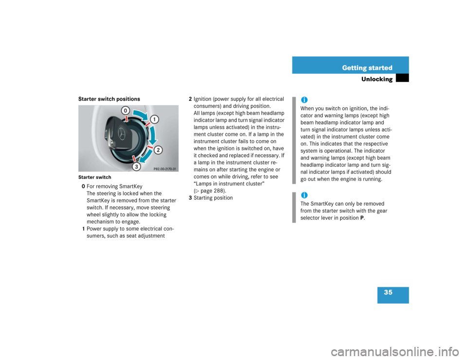 MERCEDES-BENZ G55AMG 2005 W463 Owners Manual 35 Getting started
Unlocking
Starter switch positionsStarter switch0For removing SmartKey
The steering is locked when the 
SmartKey is removed from the starter 
switch. If necessary, move steering 
wh