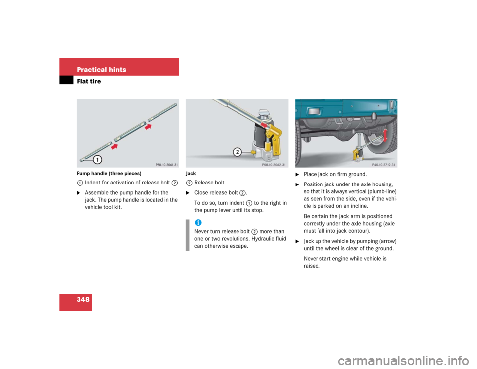 MERCEDES-BENZ G55AMG 2005 W463 Owners Manual 348 Practical hintsFlat tirePump handle (three pieces)1Indent for activation of release bolt2
Assemble the pump handle for the 
jack. The pump handle is located in the 
vehicle tool kit. 
Jack2Releas