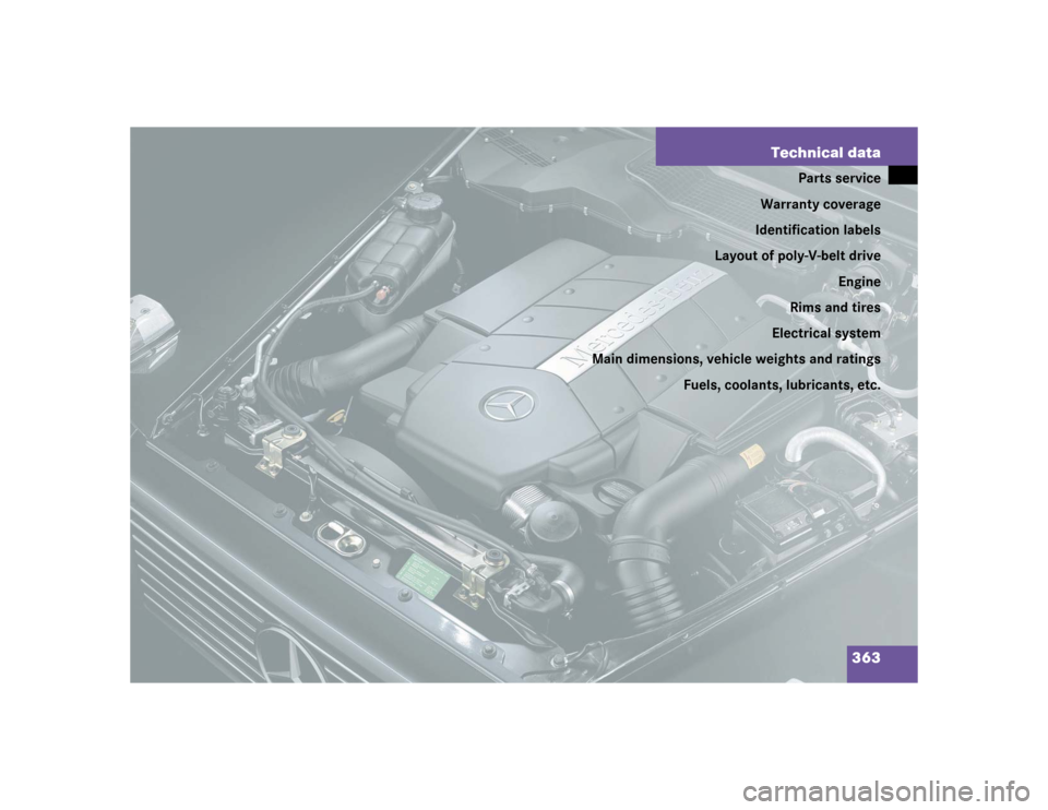 MERCEDES-BENZ G55AMG 2005 W463 Owners Manual 363 Technical data
Parts service
Warranty coverage
Identification labels
Layout of poly-V-belt drive
Engine
Rims and tires
Electrical system
Main dimensions, vehicle weights and ratings
Fuels, coolant