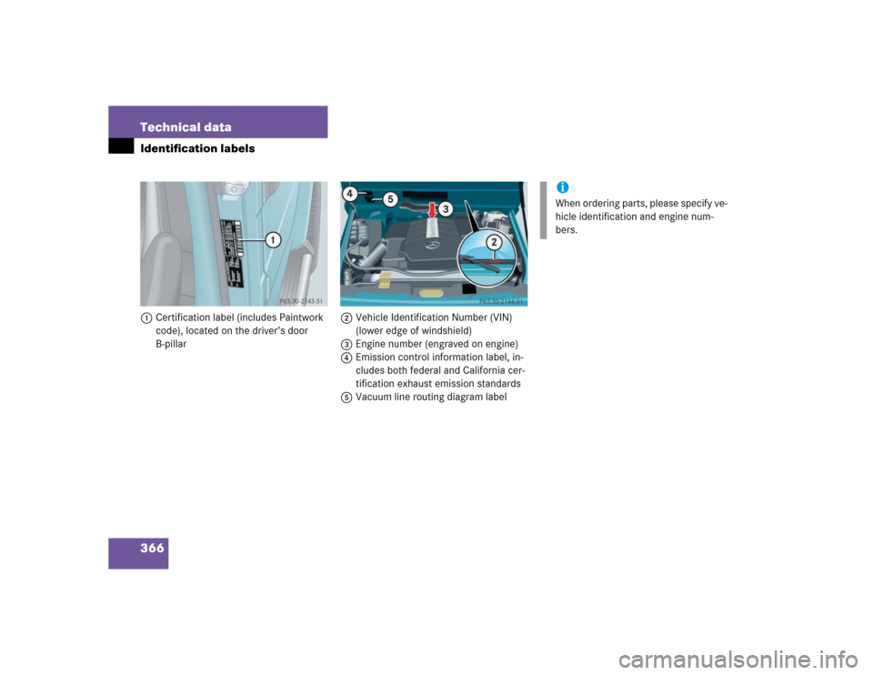 MERCEDES-BENZ G55AMG 2005 W463 Owners Manual 366 Technical dataIdentification labels1Certification label (includes Paintwork 
code), located on the driver’s door 
B-pillar2Vehicle Identification Number (VIN) 
(lower edge of windshield)
3Engine