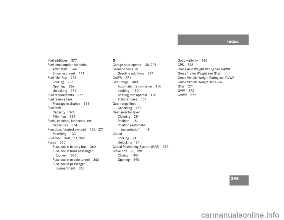 MERCEDES-BENZ G55AMG 2005 W463 Owners Manual 395 Index
Fuel additives 377
Fuel consumption statistics
After start 144
Since last reset 144
Fuel filler flap 235
Locking 235
Opening 326
Unlocking 235
Fuel requirements 377
Fuel reserve tank
Message