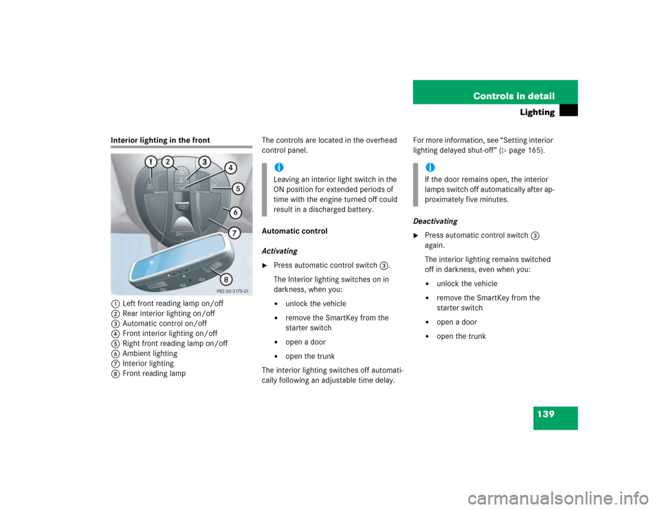 MERCEDES-BENZ E500 2005 W211 Owners Manual 139 Controls in detail
Lighting
Interior lighting in the front
1Left front reading lamp on/off
2Rear interior lighting on/off
3Automatic control on/off
4Front interior lighting on/off
5Right front rea