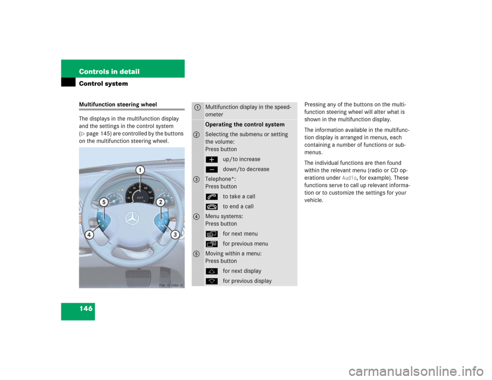 MERCEDES-BENZ E320CDI 2005 W211 User Guide 146 Controls in detailControl systemMultifunction steering wheel
The displays in the multifunction display 
and the settings in the control system 
(page 145) are controlled by the buttons 
on the mu