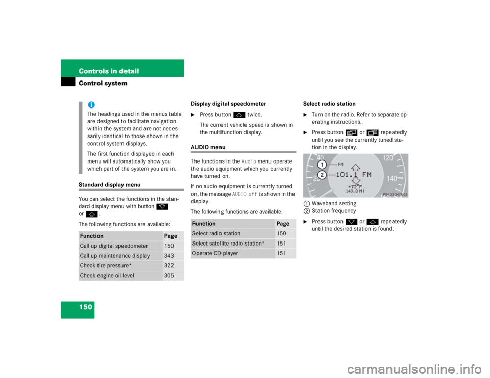 MERCEDES-BENZ E500 2005 W211 Owners Manual 150 Controls in detailControl systemStandard display menu
You can select the functions in the stan-
dard display menu with buttonk 
orj.
The following functions are available:Display digital speedomet