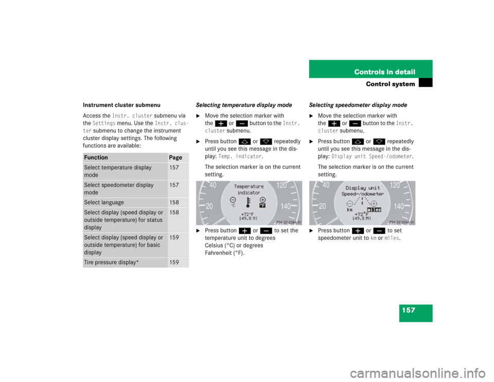 MERCEDES-BENZ E320 2005 W211 Owners Manual 157 Controls in detail
Control system
Instrument cluster submenu
Access the 
Instr. cluster
 submenu via 
the 
Settings
 menu. Use the 
Instr. clus-
ter
 submenu to change the instrument 
cluster disp