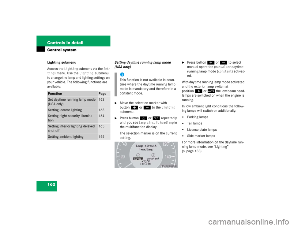 MERCEDES-BENZ E320CDI 2005 W211 User Guide 162 Controls in detailControl systemLighting submenu
Access the 
Lighting
 submenu via the 
Set-
tings
 menu. Use the 
Lighting 
submenu 
to change the lamp and lighting settings on 
your vehicle. The