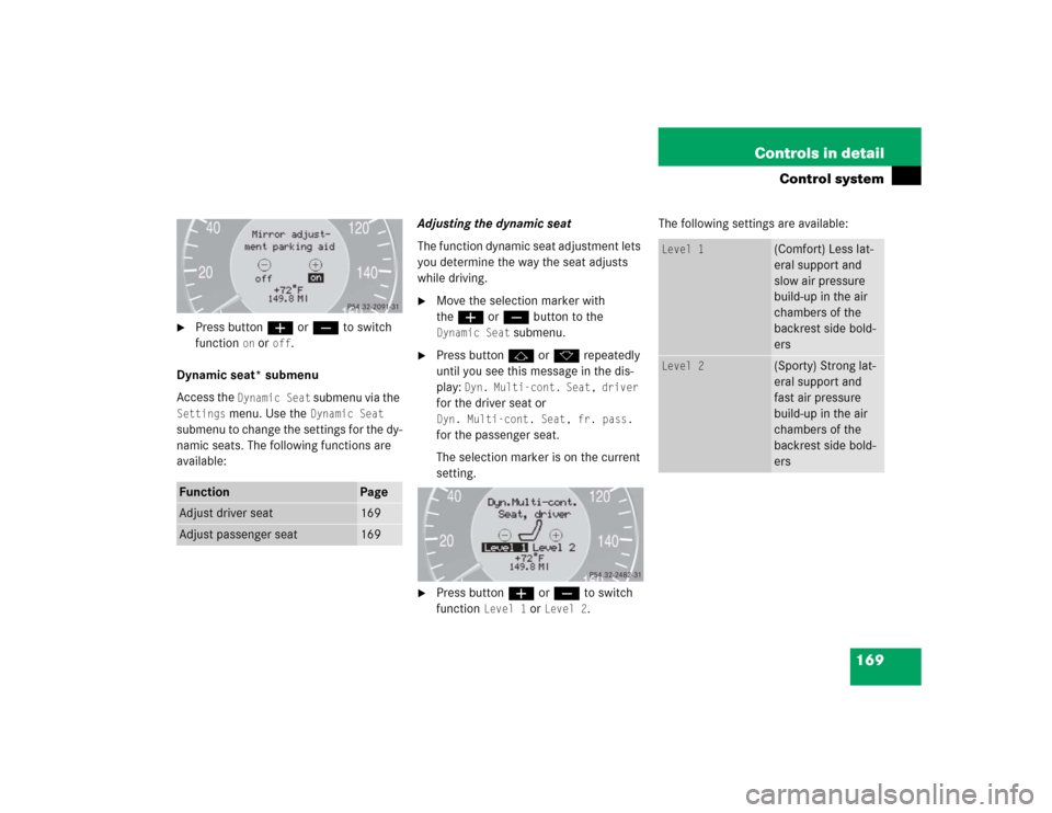 MERCEDES-BENZ E55AMG 2005 W211 Owners Manual 169 Controls in detail
Control system

Press buttonæ orç to switch 
function 
on or 
off
.
Dynamic seat* submenu
Access the 
Dynamic Seat
 submenu via the 
Settings
 menu. Use the 
Dynamic Seat
 
s