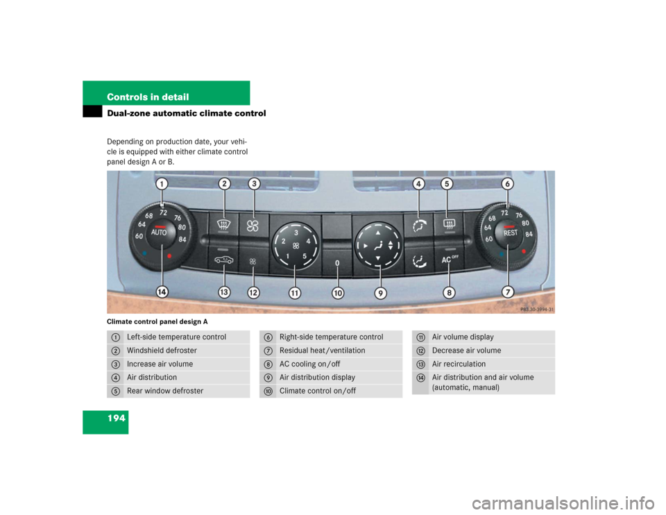 MERCEDES-BENZ E500 2005 W211 Owners Manual 194 Controls in detailDual-zone automatic climate controlDepending on production date, your vehi-
cle is equipped with either climate control 
panel design A or B.Climate control panel design A1
Left-