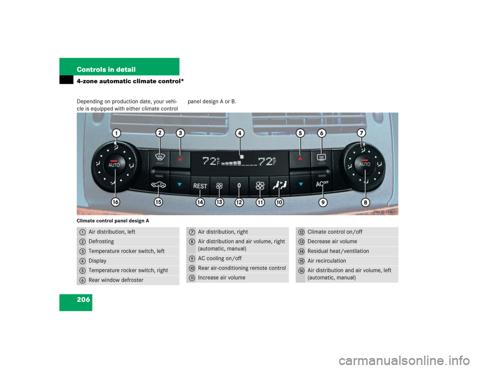 MERCEDES-BENZ E320CDI 2005 W211 Owners Manual 206 Controls in detail4-zone automatic climate control*Depending on production date, your vehi-
cle is equipped with either climate control  panel design A or B.Climate control panel design A1
Air dis