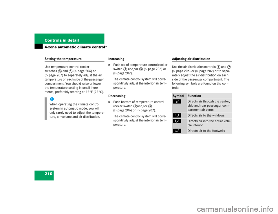 MERCEDES-BENZ E320CDI 2005 W211 Owners Manual 210 Controls in detail4-zone automatic climate control*Setting the temperature
Use temperature control rocker 
switches3 and5 (
page 206) or 
(
page 207) to separately adjust the air 
temperature on