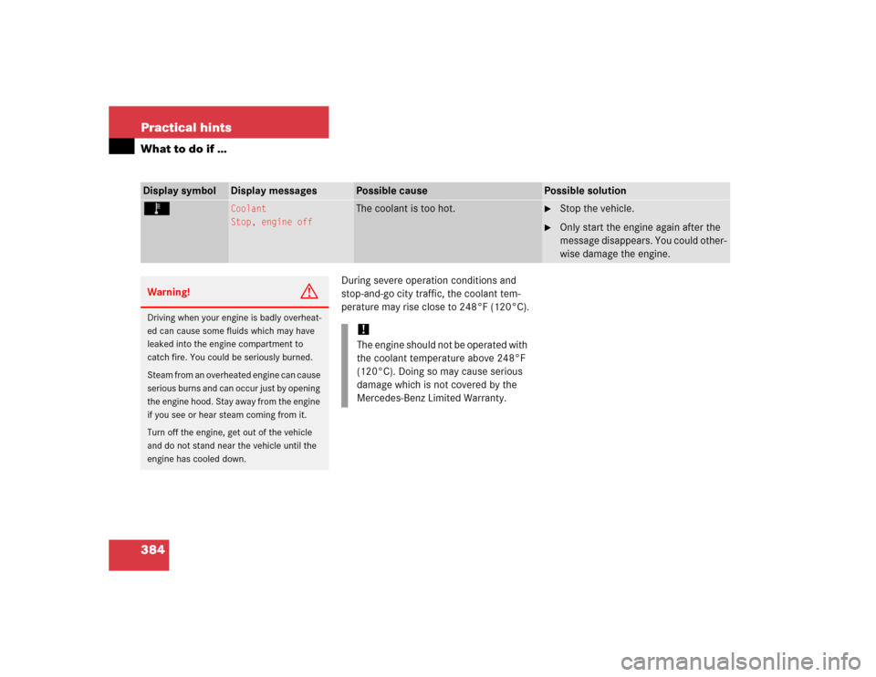 MERCEDES-BENZ E320CDI 2005 W211 Owners Manual 384 Practical hintsWhat to do if …
During severe operation conditions and 
stop-and-go city traffic, the coolant tem-
perature may rise close to 248°F (120°C).
Display symbol
Display messages
Poss