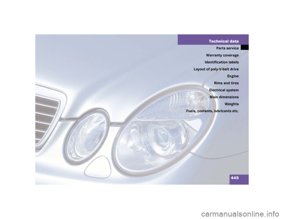 MERCEDES-BENZ E320CDI 2005 W211 Owners Manual 445 Technical data
Parts service
Warranty coverage
Identification labels
Layout of poly-V-belt drive
Engine
Rims and tires
Electrical system
Main dimensions
Weights
Fuels, coolants, lubricants etc. 