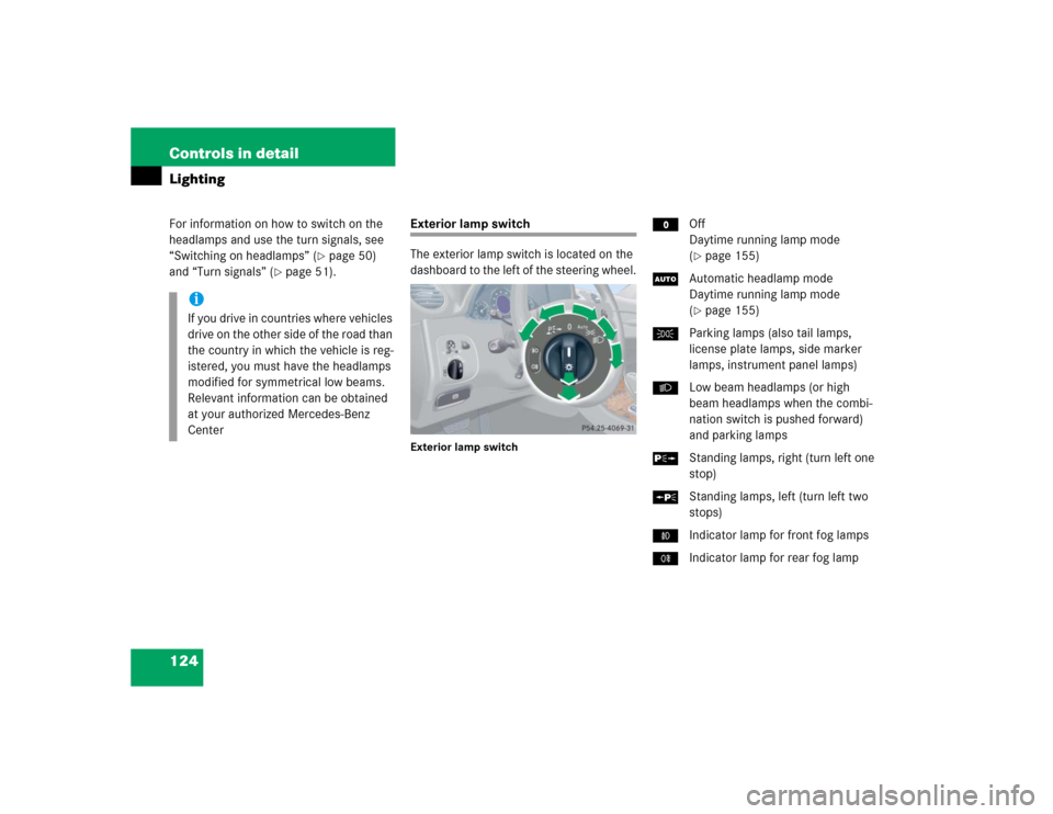 MERCEDES-BENZ CLK320 COUPE 2005 C209 Owners Manual 124 Controls in detailLightingFor information on how to switch on the 
headlamps and use the turn signals, see 
“Switching on headlamps” (
page 50) 
and “Turn signals” (
page 51).
Exterior l