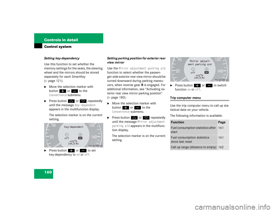 MERCEDES-BENZ CLK320 COUPE 2005 C209 Owners Manual 160 Controls in detailControl systemSetting key-dependency
Use this function to set whether the 
memory settings for the seats, the steering 
wheel and the mirrors should be stored 
separately for eac