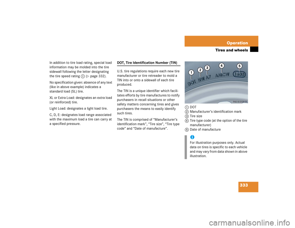 MERCEDES-BENZ CLK500 COUPE 2005 C209 Owners Manual 333 Operation
Tires and wheels
In addition to tire load rating, special load 
information may be molded into the tire 
sidewall following the letter designating 
the tire speed rating1 (
page 332).
N