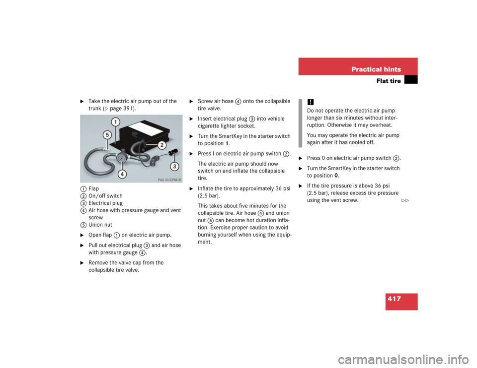 MERCEDES-BENZ CLK320 COUPE 2005 C209 Owners Manual 417 Practical hints
Flat tire

Take the electric air pump out of the 
trunk (
page 391).
1Flap
2On/off switch
3Electrical plug
4Air hose with pressure gauge and vent 
screw
5Union nut

Open flap 1 
