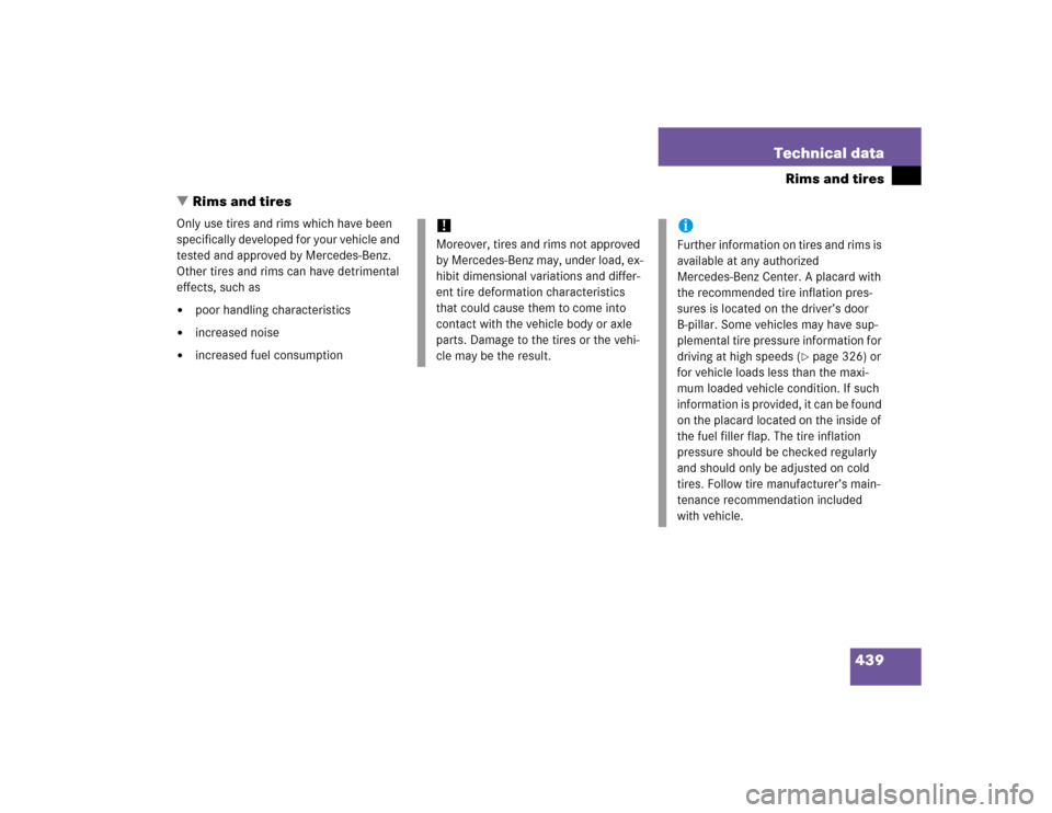 MERCEDES-BENZ CLK320 COUPE 2005 C209 Owners Manual 439 Technical data
Rims and tires
Rims and tires
Only use tires and rims which have been 
specifically developed for your vehicle and 
tested and approved by Mercedes-Benz. 
Other tires and rims can 